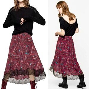 ZADIG & VOLTAIRE Joslin Psyche Flowy Midi Skirt Sz M Lace Fairy Grunge Boho